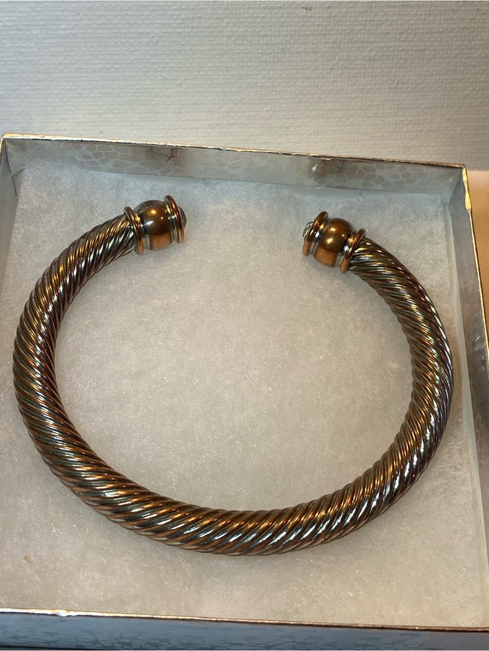 Vintage Copper Silver Crystal Heavy Cable Cuff Bracelet